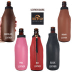 Leather bottle holder color chart showing Chocolate, Brown, Pink, Red, and Black