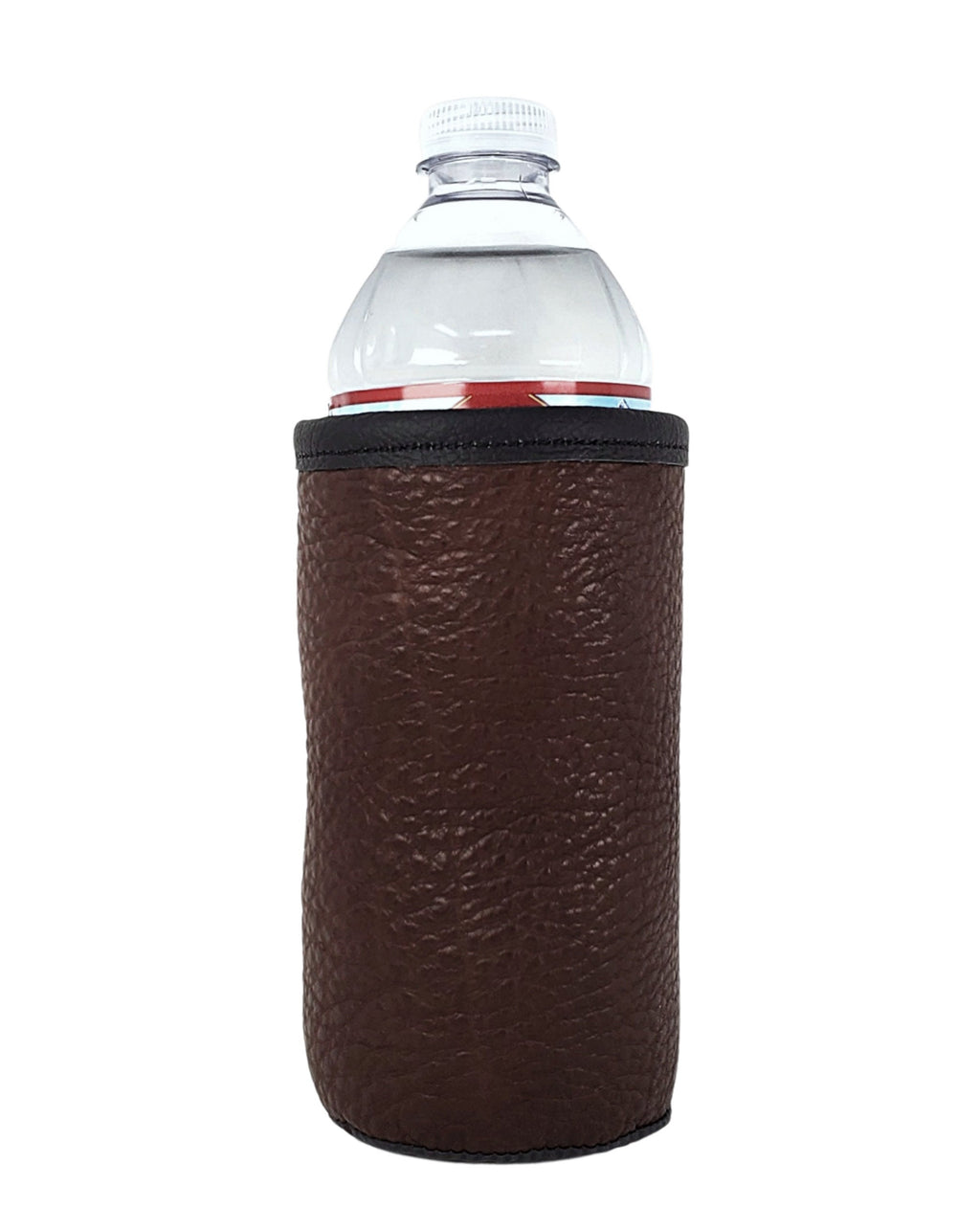 Brown leather beverage sleeve holding a clear plastic water bottle against a white background