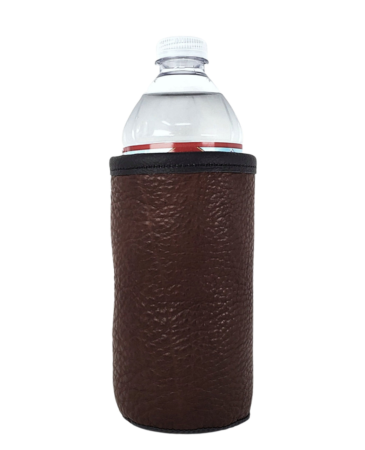 Brown leather beverage sleeve holding a clear plastic water bottle against a white background