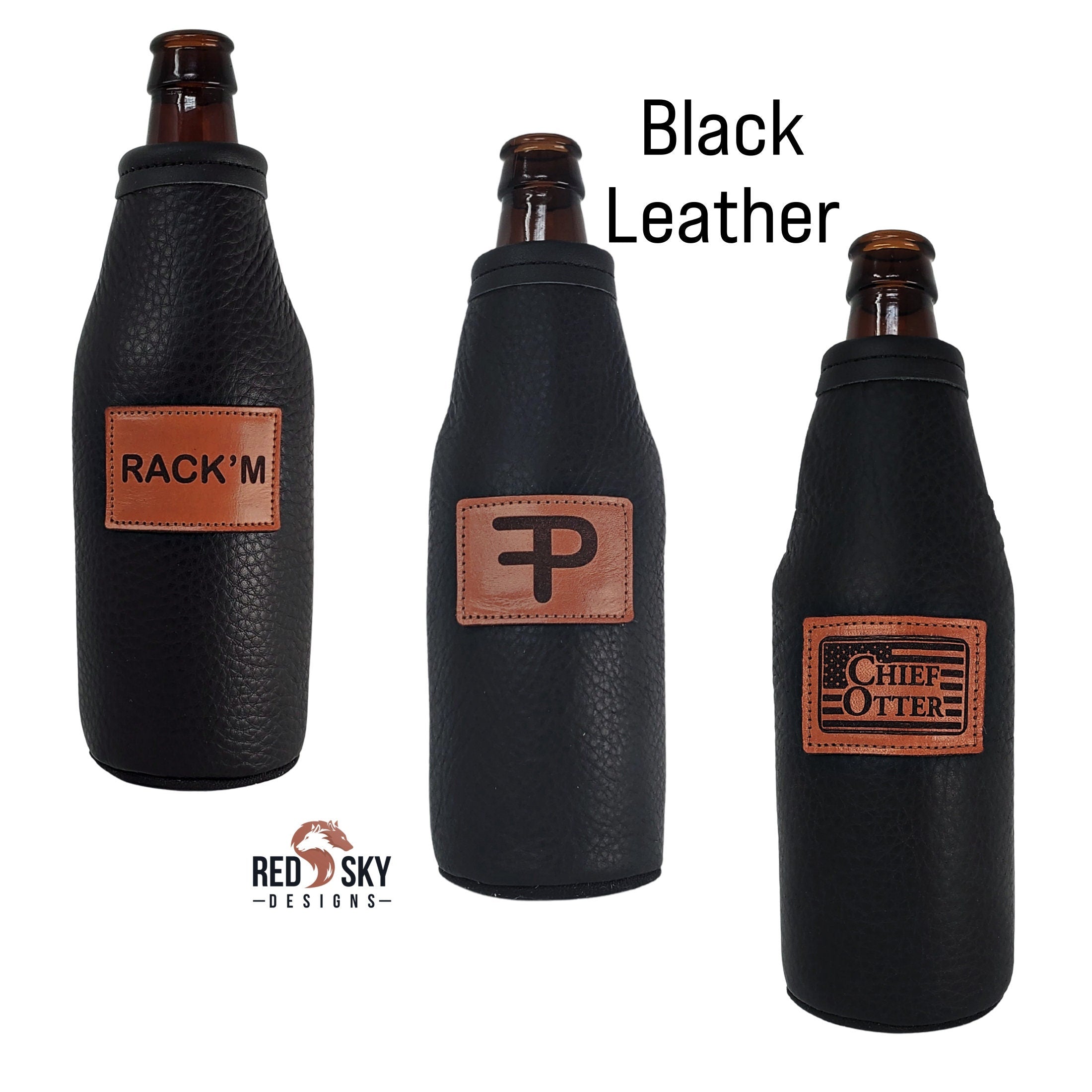 Custom Leather Beer Bottle Holder – Engraved Bottle Cooler for 12oz Bottles | Personalized Gift, Handmade in Montana