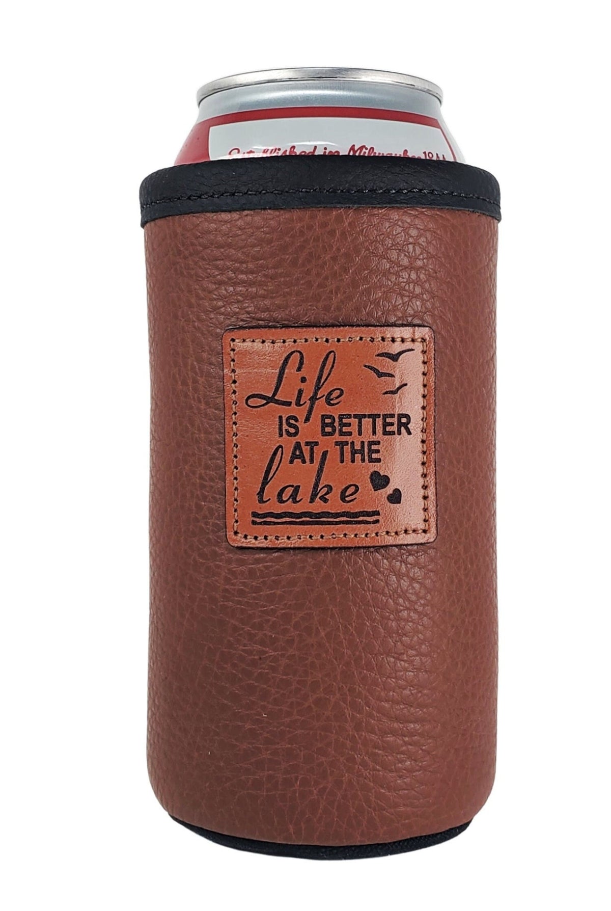 Brown leather 16oz tall boy can holder with engraved Life is Better at the Lake leather patch
