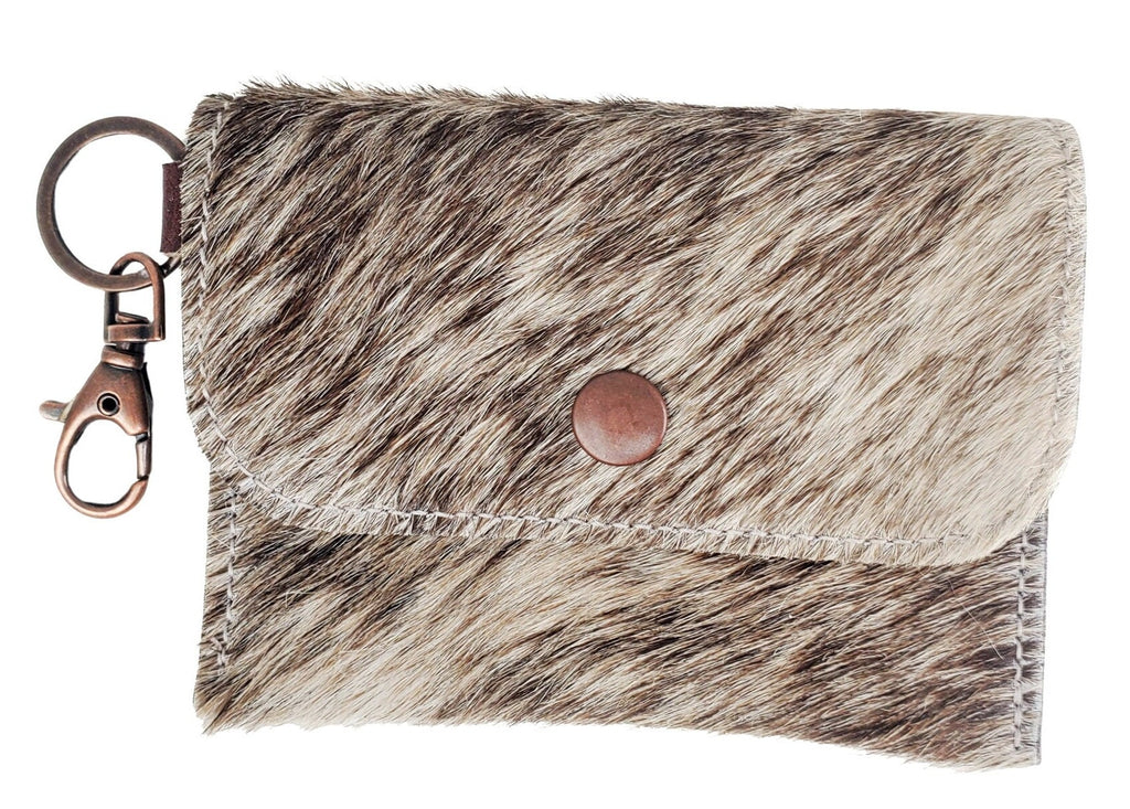 Light brindle hair-on cowhide mini card wallet keychain with antique copper snap, split ring and swivel clip