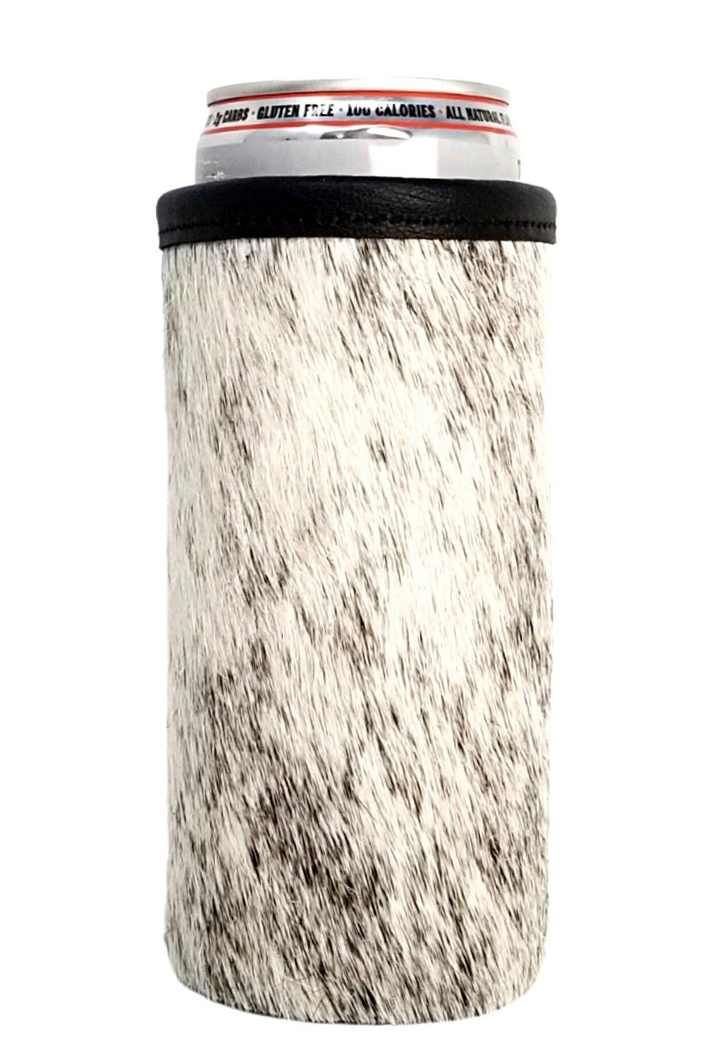 Gray and white speckled hair-on cowhide 12oz skinny can cooler with black trim
