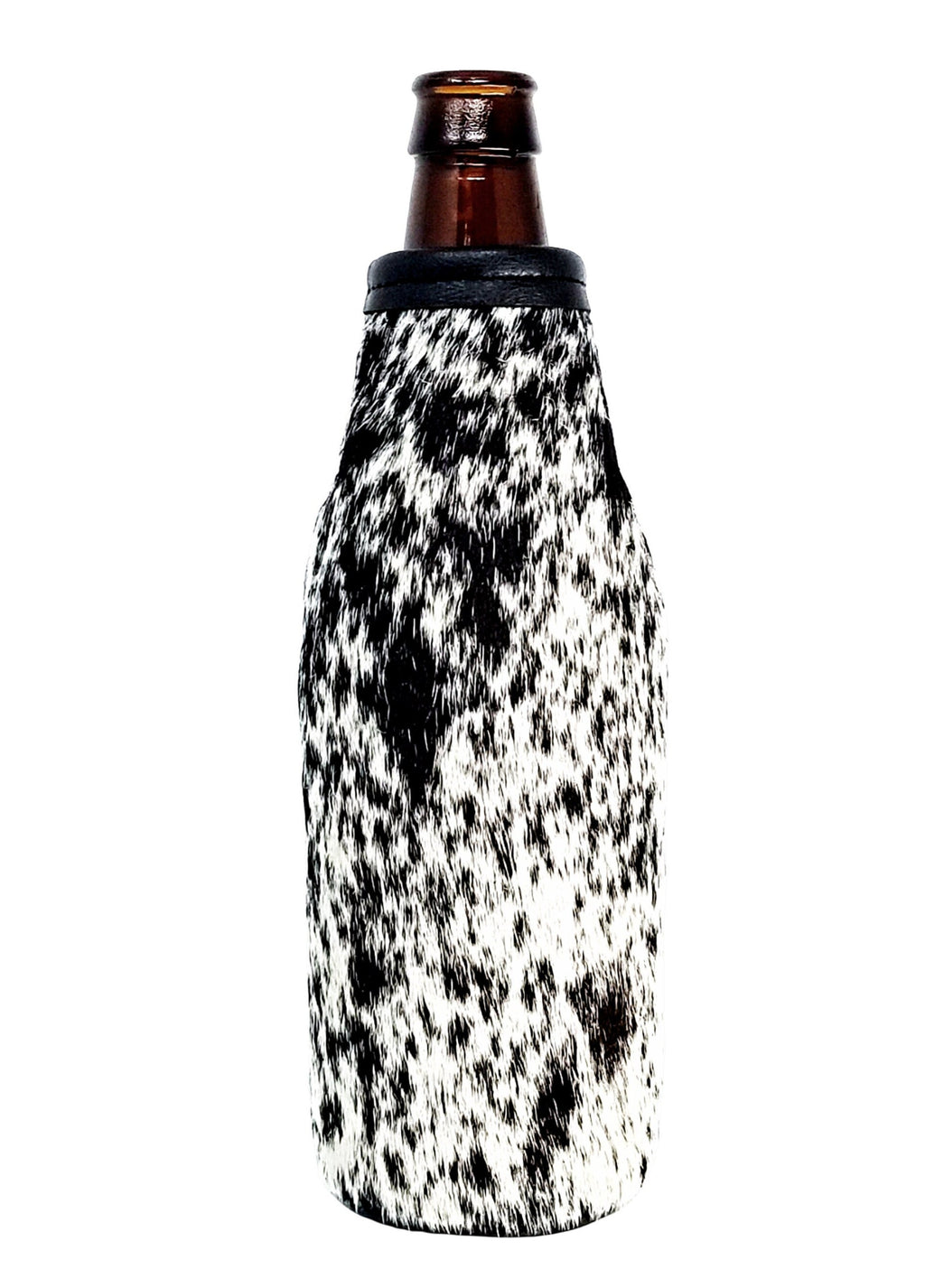 Custom Cowhide Beer Bottle Holder – Engraved Leather Bottle Cooler for 12oz Bottles | Personalized Gift, Handmade in Montana