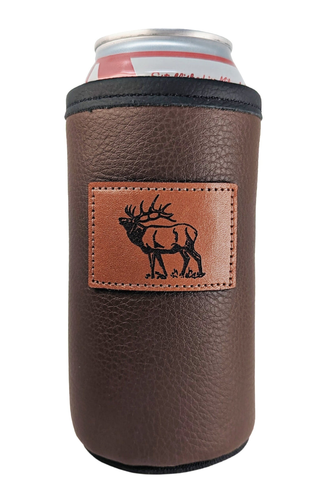 Brown leather 16oz tall boy can cooler featuring a laser engraved elk design on a leather patch