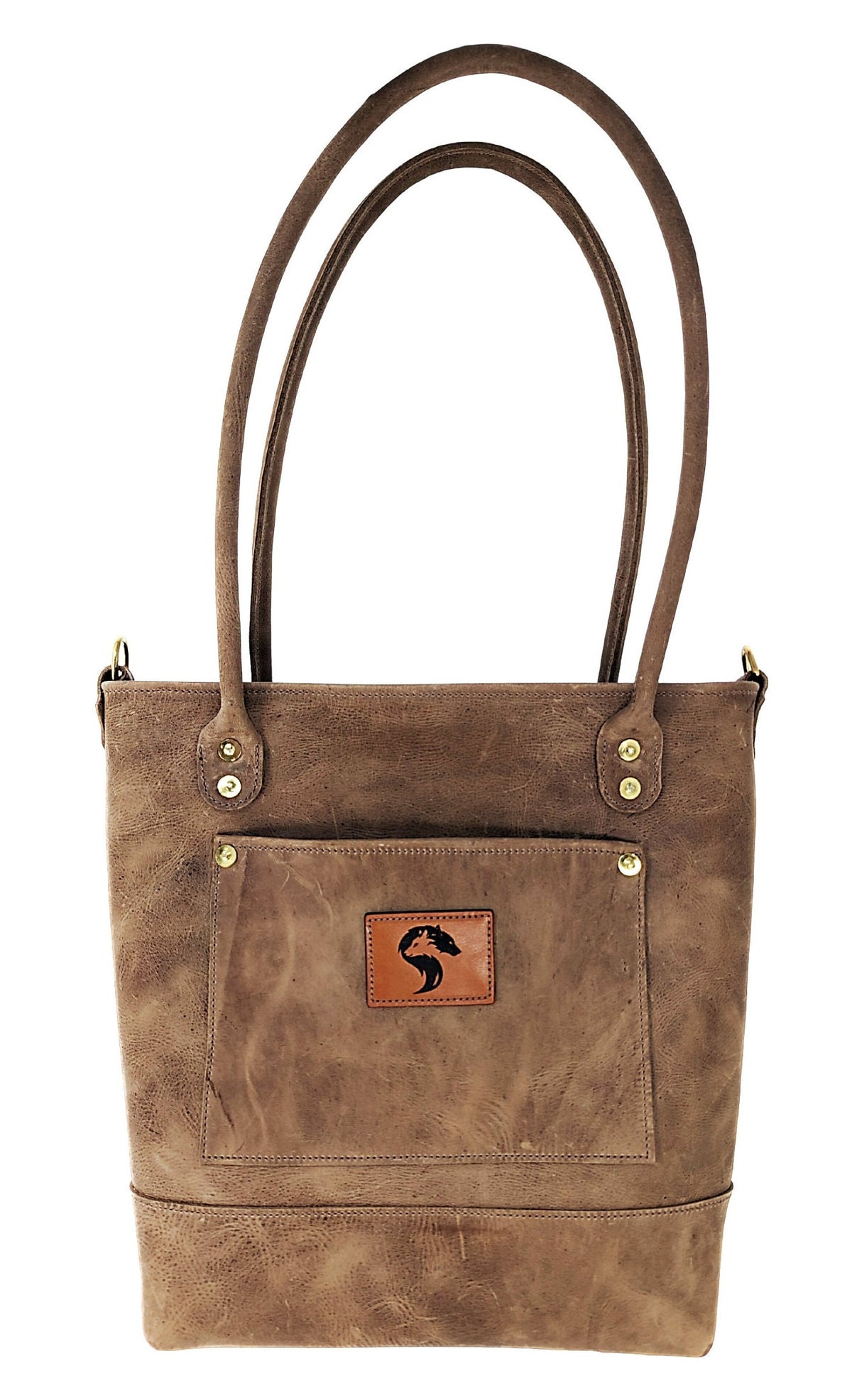 Madison distressed brown leather tote bag, front view with rolled handles, exterior pocket, and logo patch