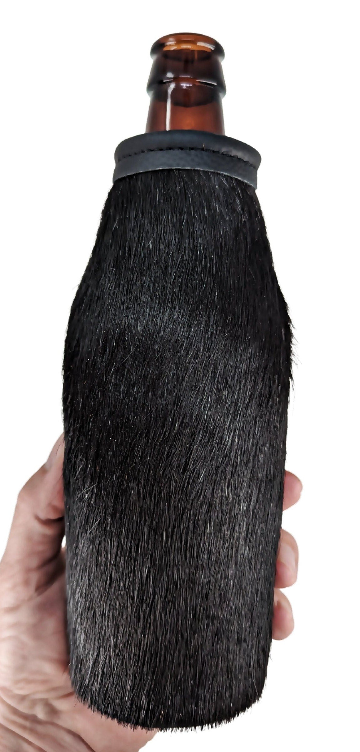 Custom Cowhide Beer Bottle Holder – Engraved Leather Bottle Cooler for 12oz Bottles | Personalized Gift, Handmade in Montana