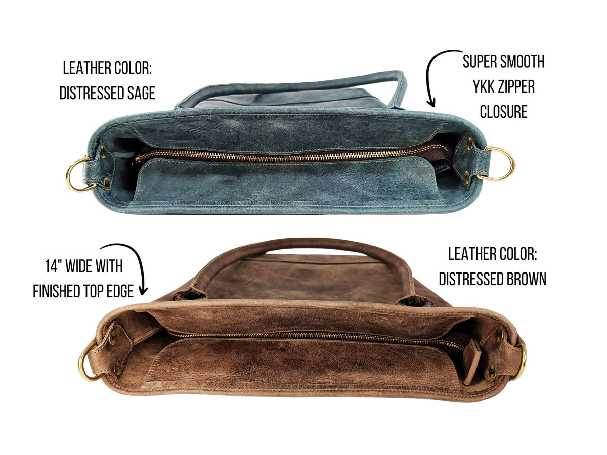 Top views of sage and brown Madison leather tote bags showing the zipper closures, finished edges, and side D-rings