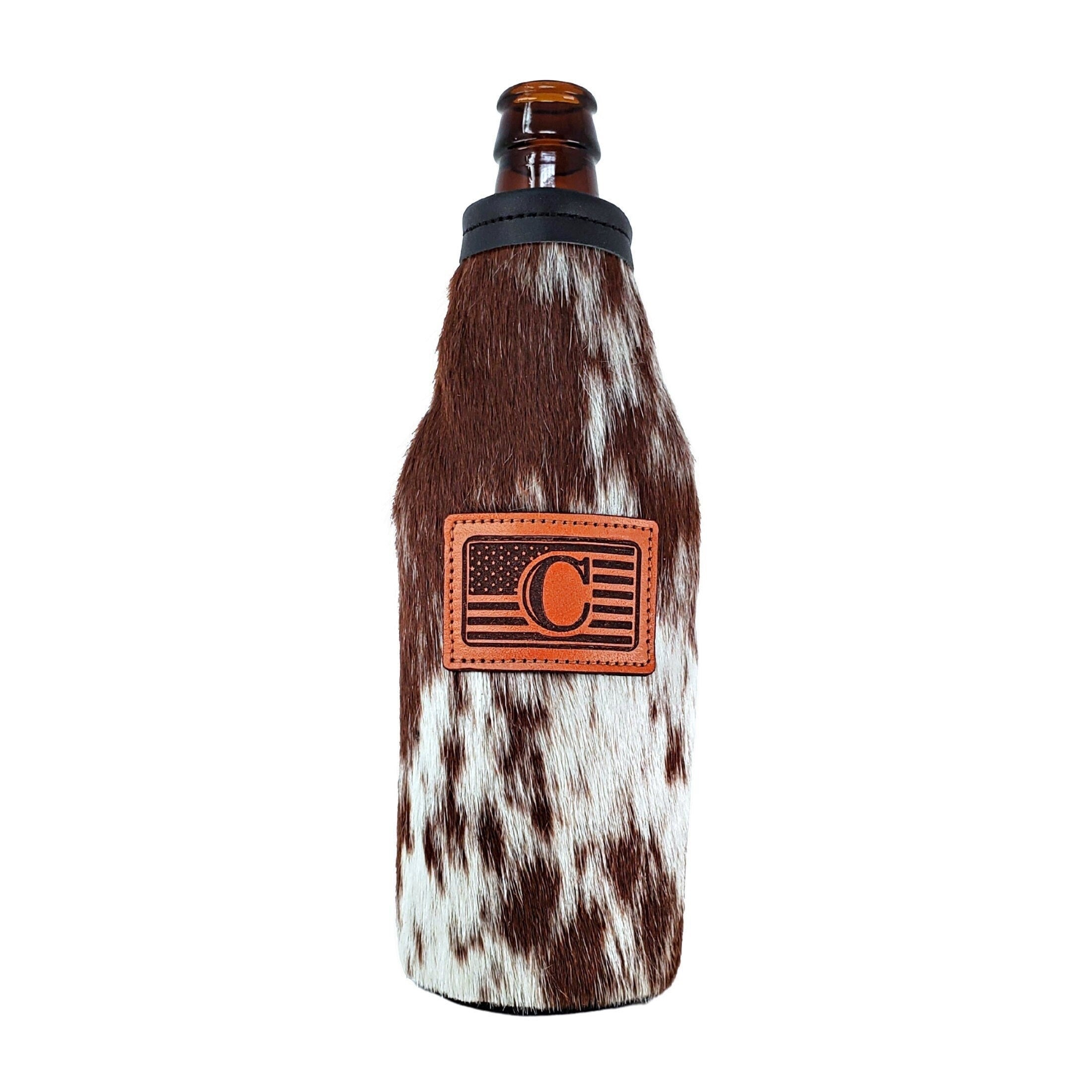 Custom Cowhide Beer Bottle Holder – Engraved Leather Bottle Cooler for 12oz Bottles | Personalized Gift, Handmade in Montana