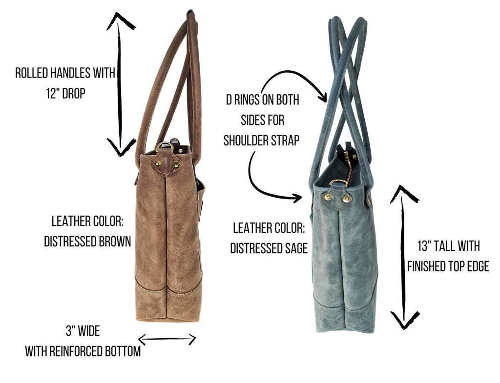 Side views of brown and sage Madison leather totes showing 12-inch handle drop, 13-inch height, and reinforced base
