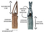 Side views of brown and sage Madison leather totes showing 12-inch handle drop, 13-inch height, and reinforced base