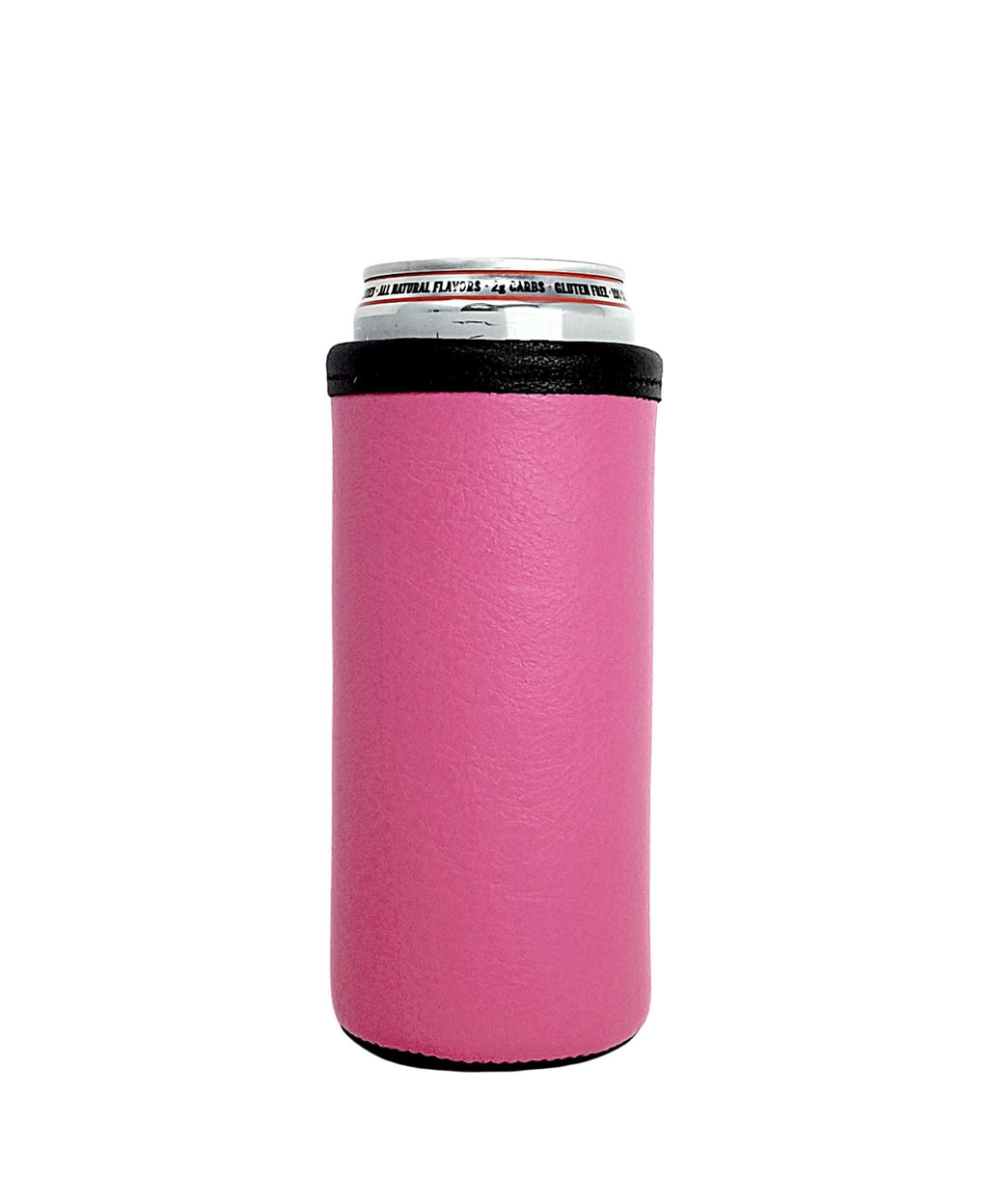 Pink leather skinny can cooler with a black rim and a 12oz slim can