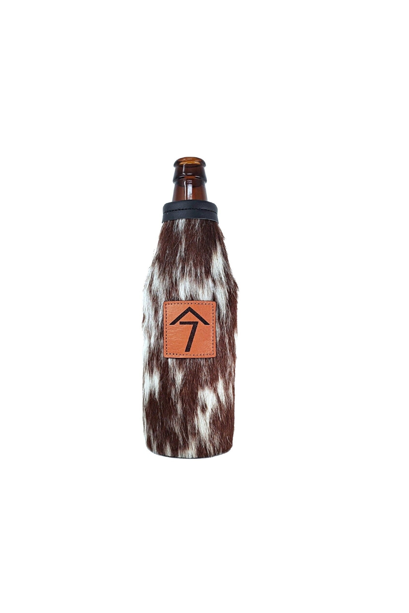 Custom Cowhide Beer Bottle Holder – Engraved Leather Bottle Cooler for 12oz Bottles | Personalized Gift, Handmade in Montana