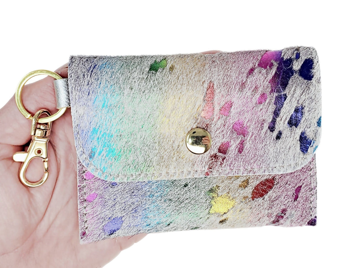 Confetti acid-wash cowhide card wallet keychain with multicolored metallic splashes, gold snap, key ring and swivel clip