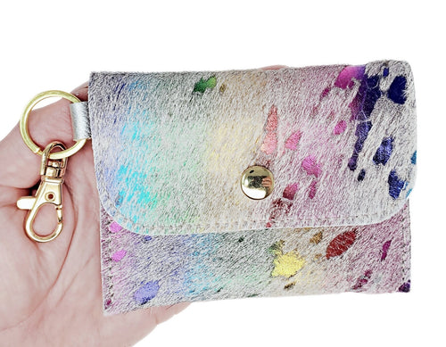 Confetti acid-wash cowhide card wallet keychain with multicolored metallic splashes, gold snap, key ring and swivel clip