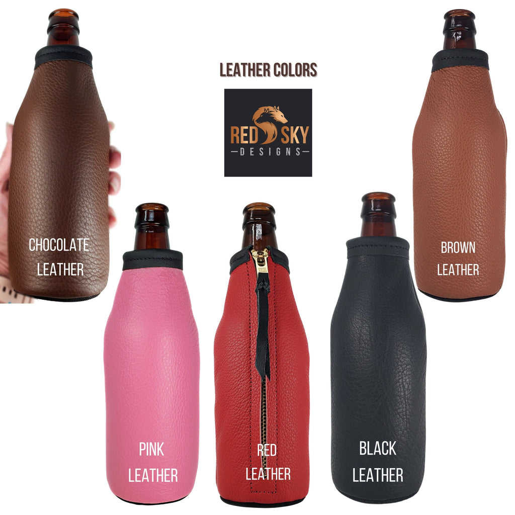 Custom Leather Beer Bottle Holder – Engraved Bottle Cooler for 12oz Bottles | Personalized Gift, Handmade in Montana
