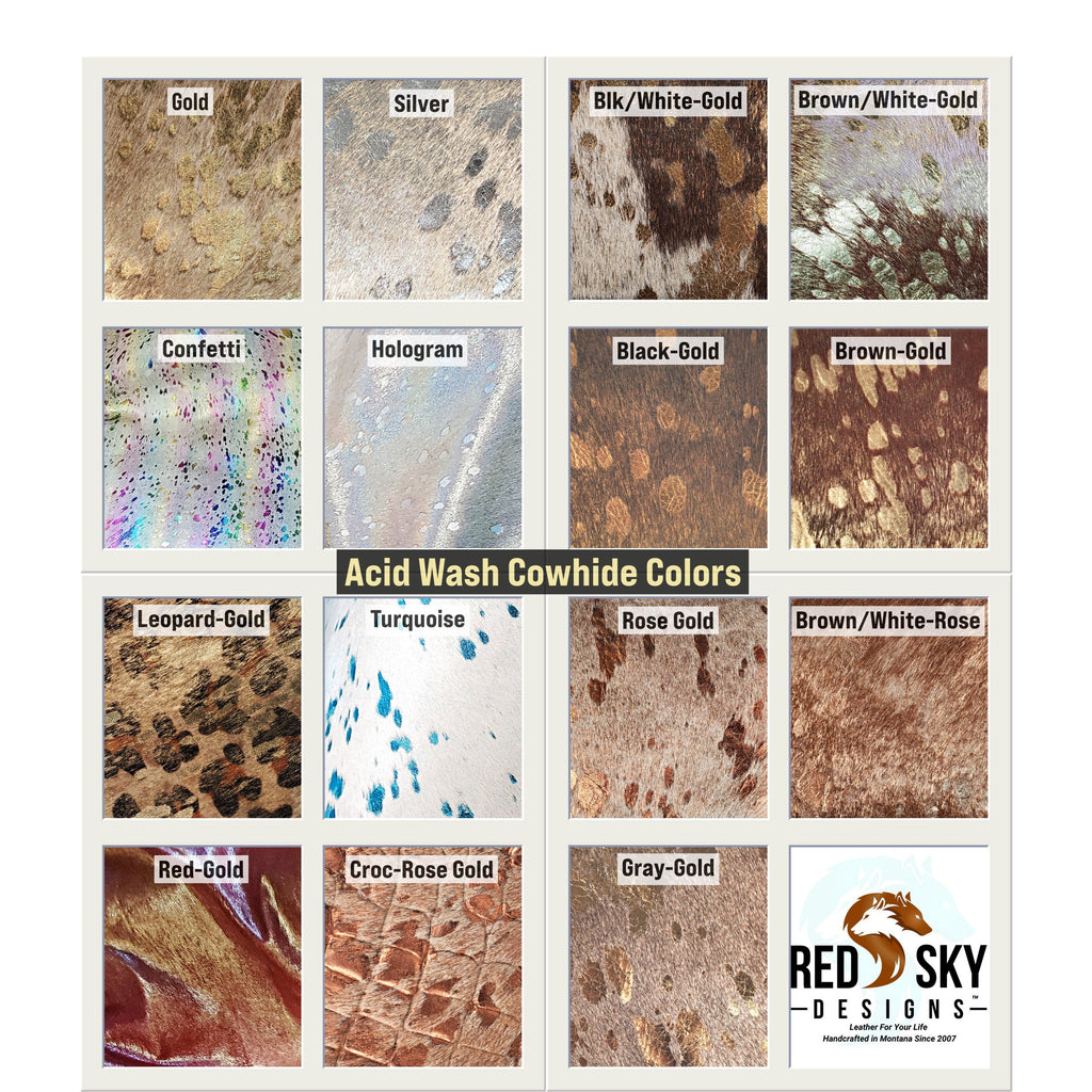 Acid-wash cowhide color and pattern reference chart showing 15 labeled options including gold, silver, confetti, hologram and turquoise