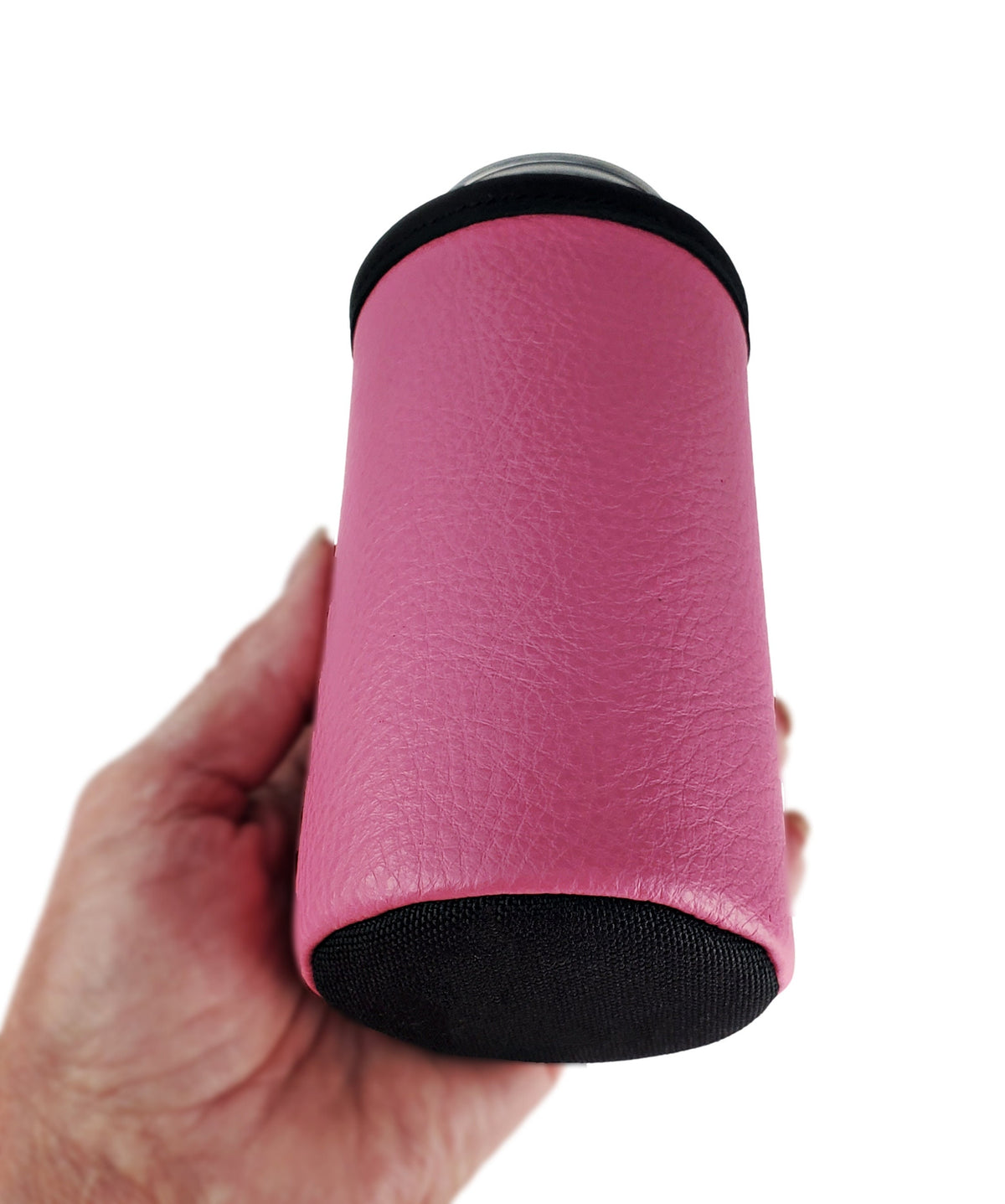 Pink leather tall boy can cooler tilted to show its black ballistic nylon bottom