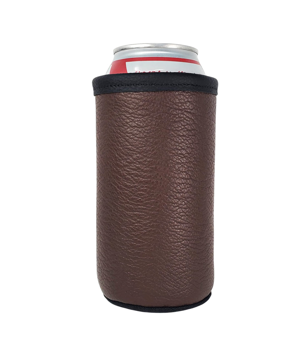 Brown leather tall boy can cooler holding a beverage can, shown upright against a white background