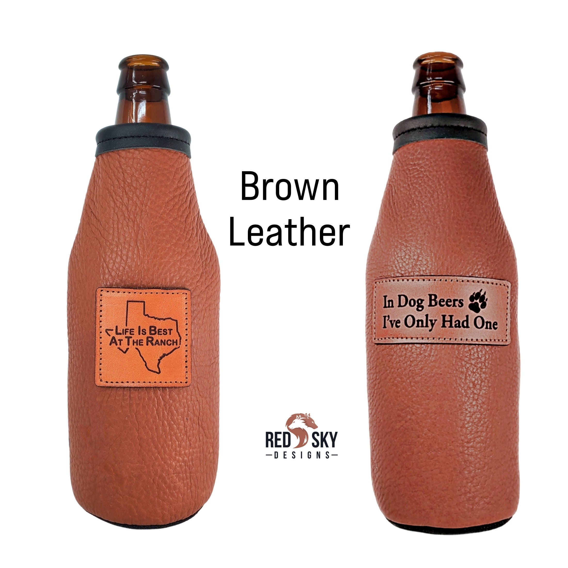 Custom Leather Beer Bottle Holder – Engraved Bottle Cooler for 12oz Bottles | Personalized Gift, Handmade in Montana
