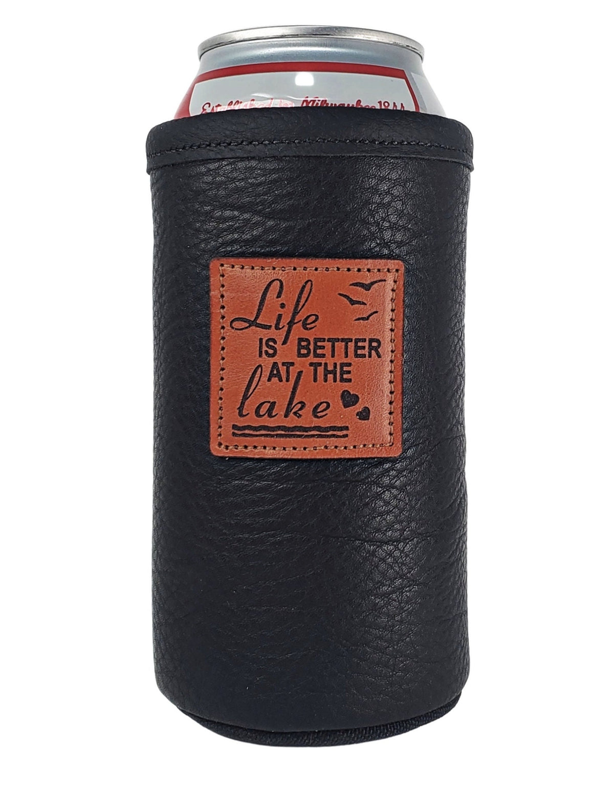 Black leather 16oz tall boy can holder with Life is Better at the Lake engraved leather patch