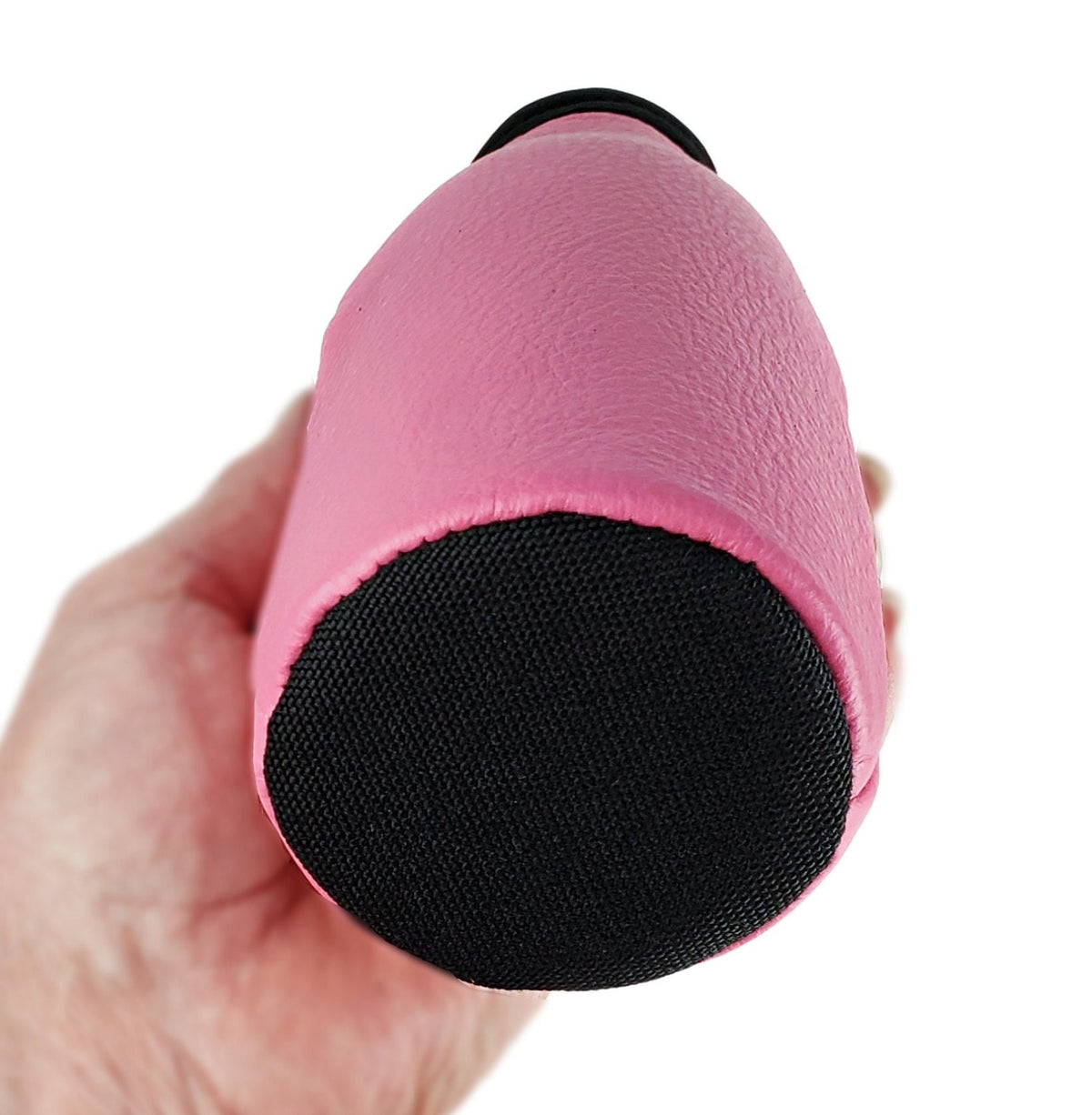 Close-up of the ballistic nylon bottom on a pink leather bottle holder