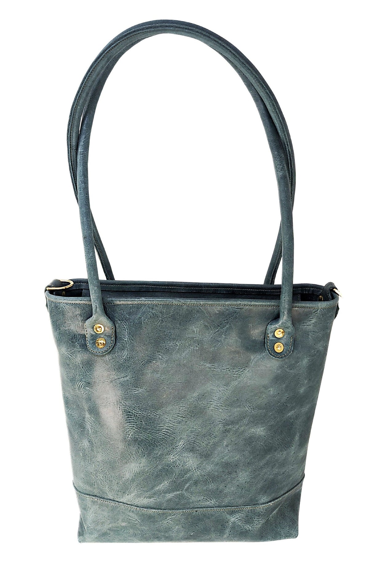 Back view of Madison distressed sage leather tote showing rolled shoulder handles, brass rivets, and reinforced base
