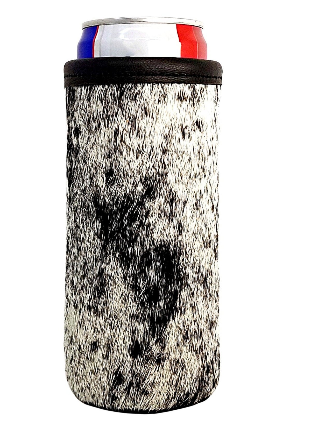 Black and white speckled hair-on cowhide 12oz skinny can cooler standing against a white background