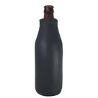 Front view of a black leather bottle holder fitted around a long-neck beer bottle