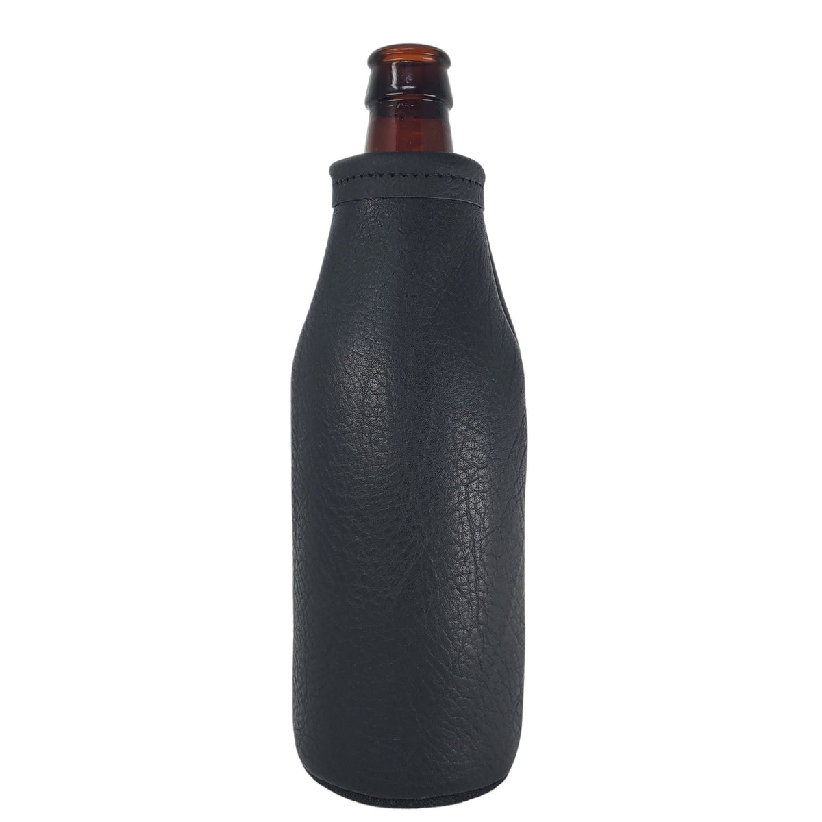 Front view of a black leather bottle holder fitted around a long-neck beer bottle