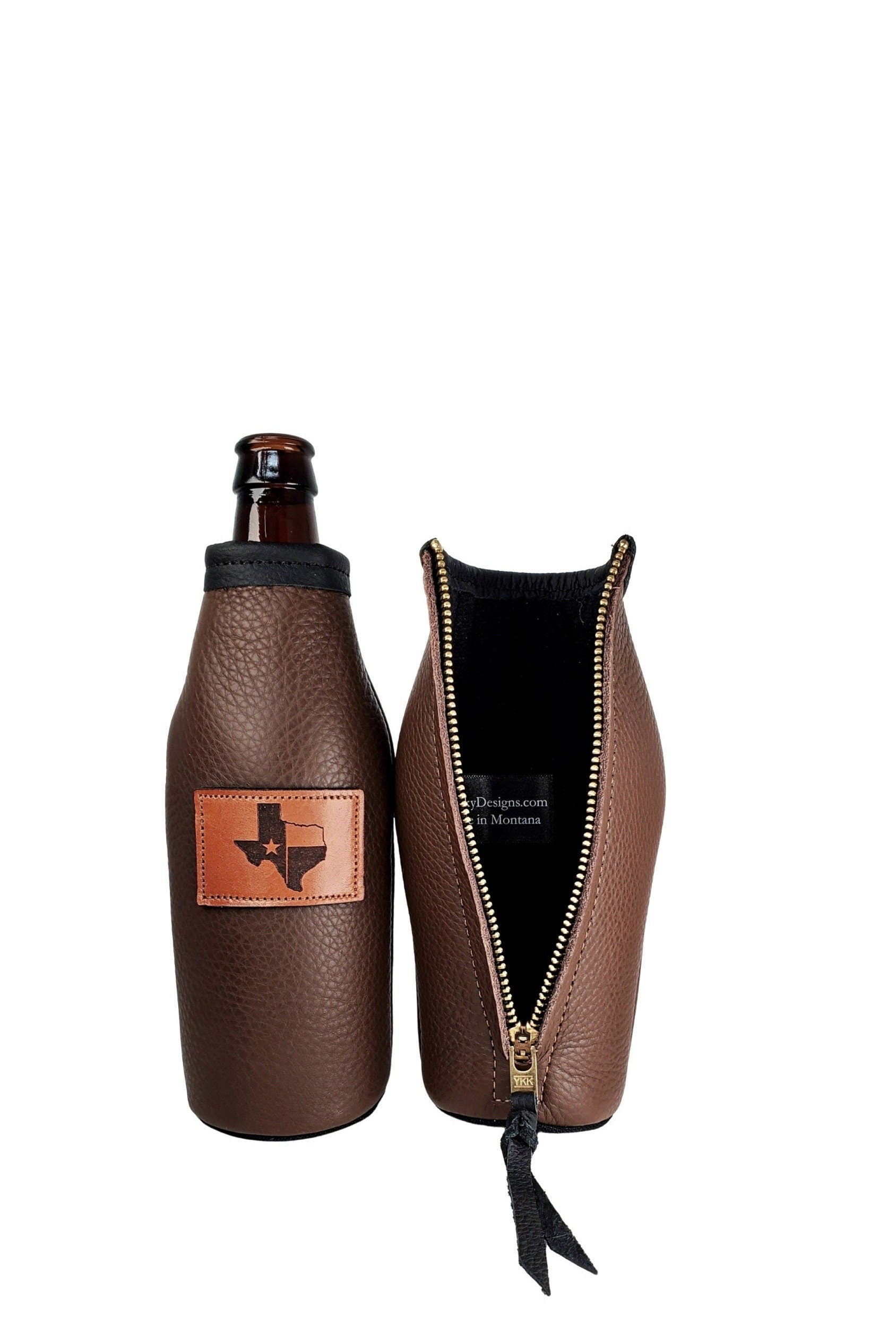 Custom Leather Beer Bottle Holder – Engraved Bottle Cooler for 12oz Bottles | Personalized Gift, Handmade in Montana