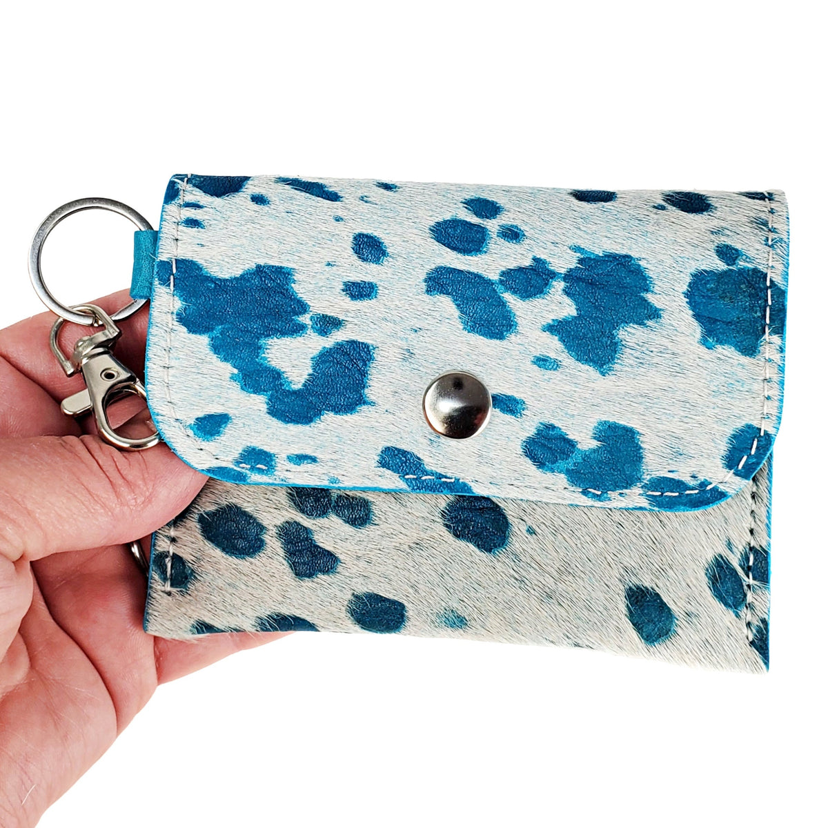 Turquoise spotted acid-wash cowhide card wallet keychain with silver snap, key ring and swivel clip