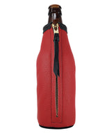 Back of a red leather bottle holder showing the brass zipper and black leather pull