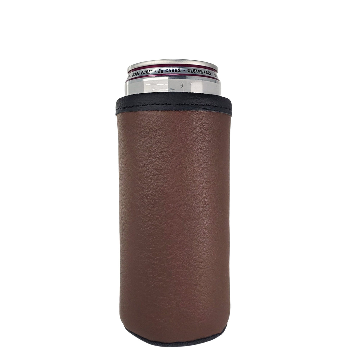 Brown full-grain leather slim can cooler with a 12oz skinny can on a white background