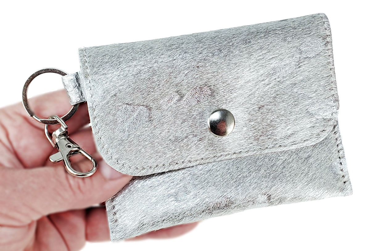 Silver acid-wash cowhide card wallet keychain with silver snap closure, split key ring and swivel clip