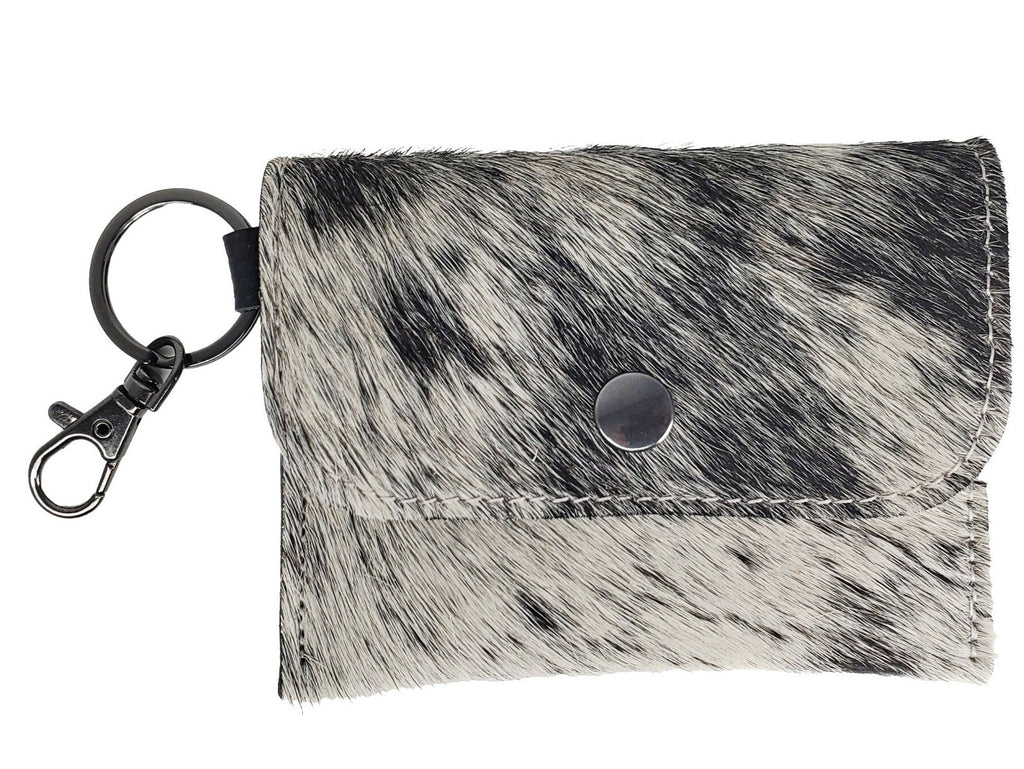 Gray and black speckled hair-on cowhide card wallet keychain with black hardware