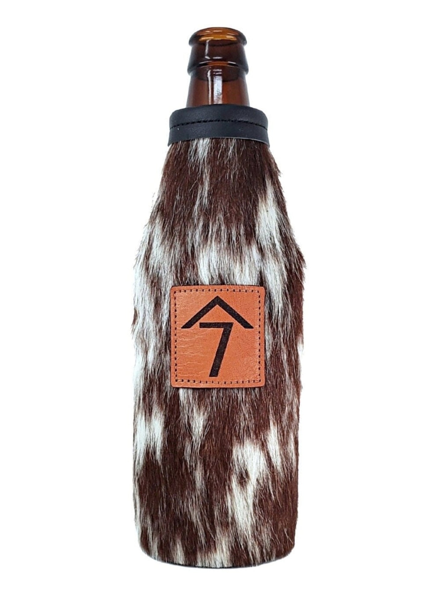 Custom Cowhide Beer Bottle Holder – Engraved Leather Bottle Cooler for 12oz Bottles | Personalized Gift, Handmade in Montana