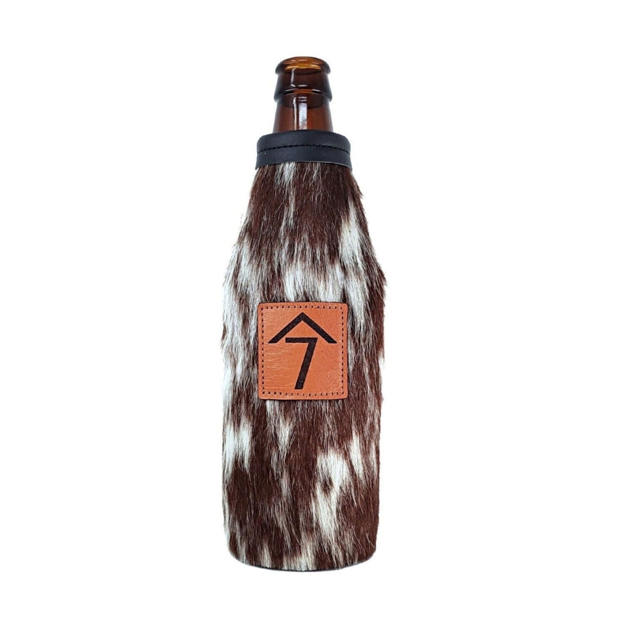 Custom Cowhide Beer Bottle Holder – Engraved Leather Bottle Cooler for 12oz Bottles | Personalized Gift, Handmade in Montana