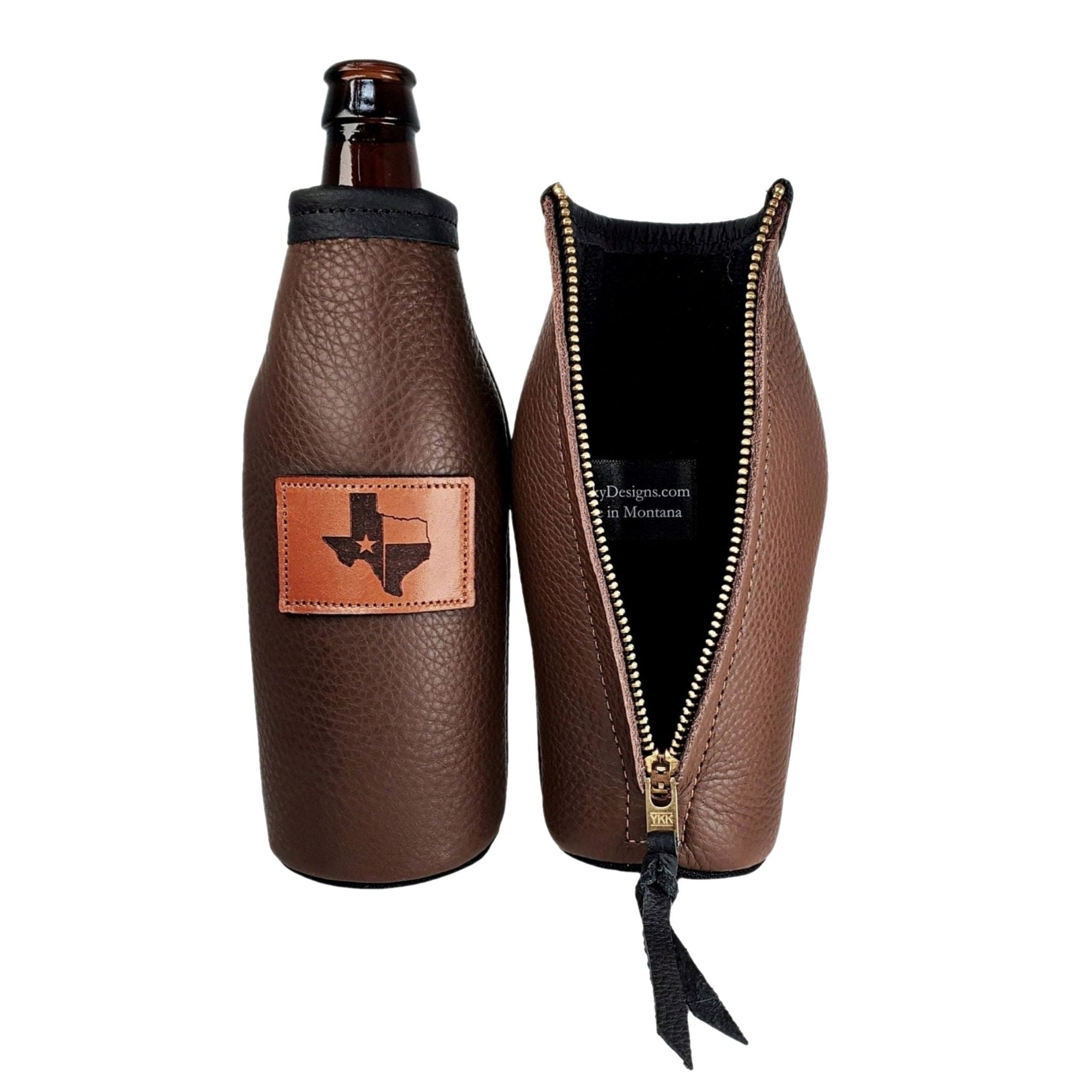 Custom Leather Beer Bottle Holder – Engraved Bottle Cooler for 12oz Bottles | Personalized Gift, Handmade in Montana