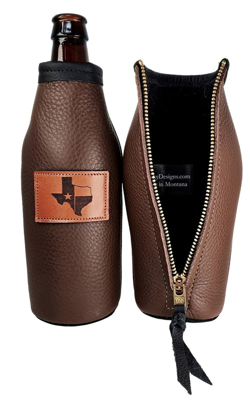 Custom Leather Beer Bottle Holder – Engraved Bottle Cooler for 12oz Bottles | Personalized Gift, Handmade in Montana