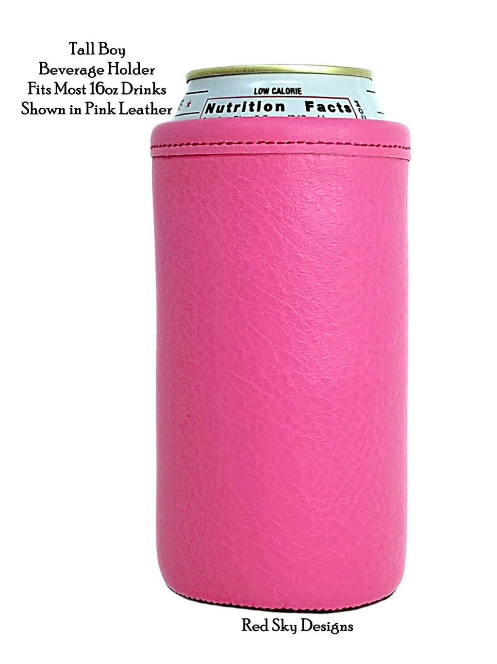 Pink leather 16oz tall boy beverage holder shown with a can against a white background