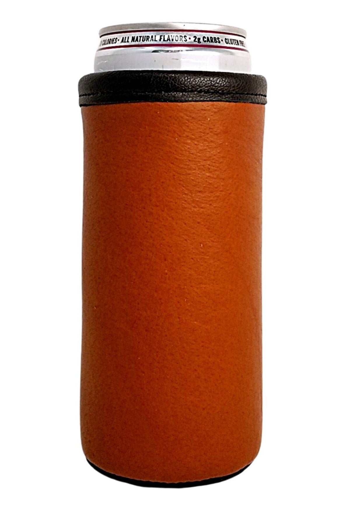 Reddish-brown leather slim can holder with a black rim and skinny beverage can