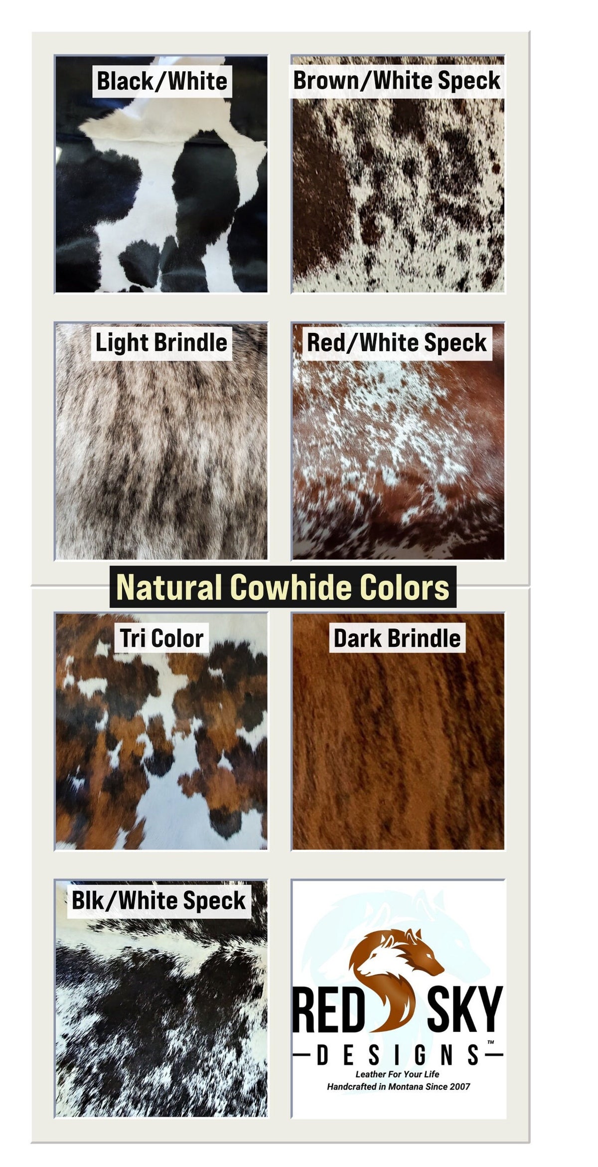 Red Sky Designs natural cowhide pattern reference chart with seven labeled hair-on cowhide color and pattern examples