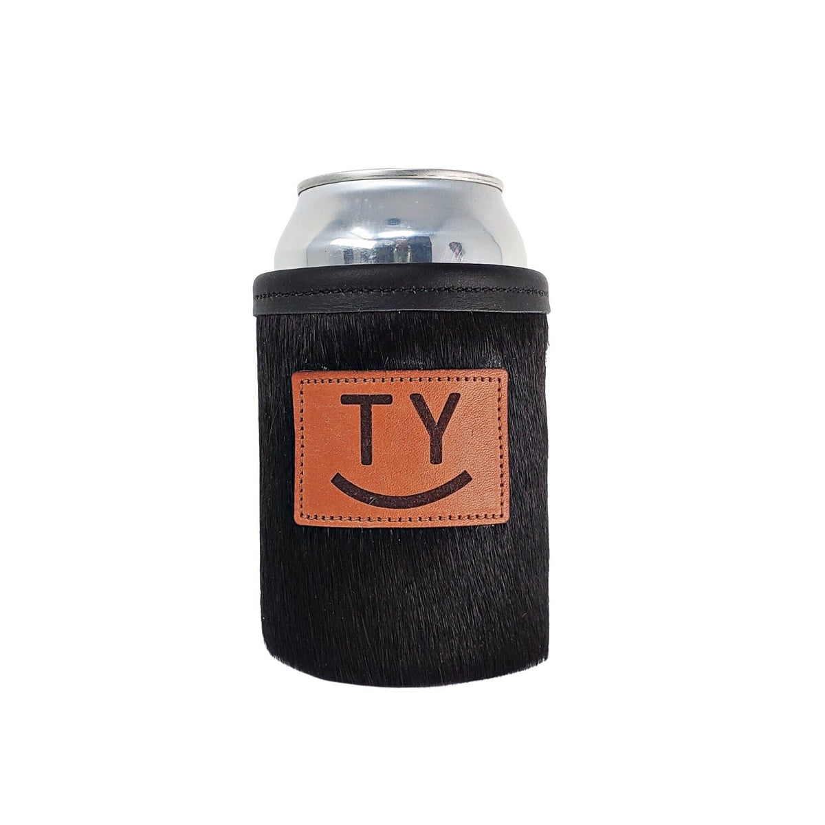 Black cowhide can holder personalized with the initials TY