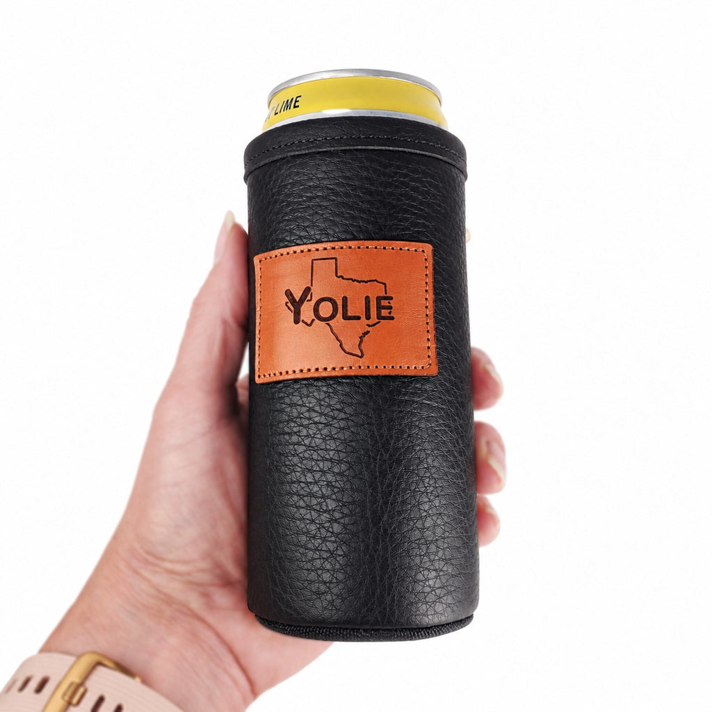 Black leather slim can holder with a Texas outline and personalized name patch