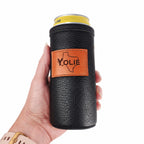 Black leather slim can holder with a Texas outline and personalized name patch