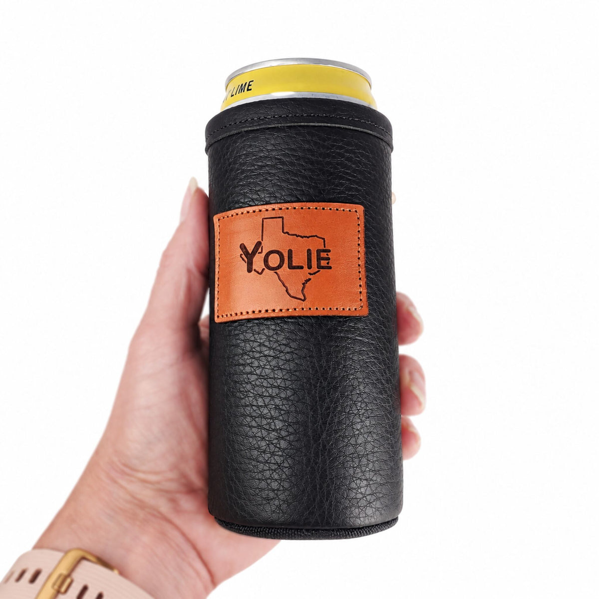 Black leather slim can holder with a Texas outline and personalized name patch
