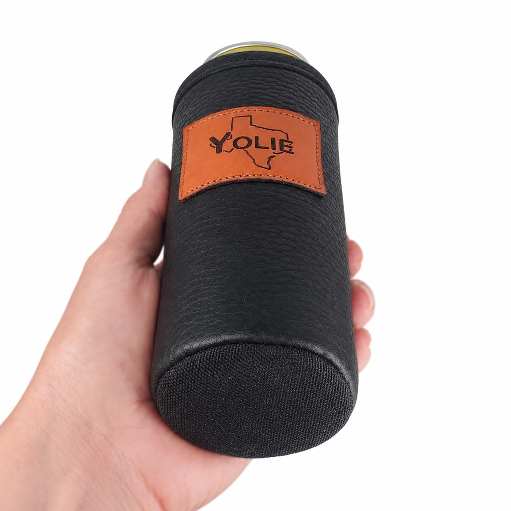 Angled bottom view of a black personalized leather slim can holder and nylon base