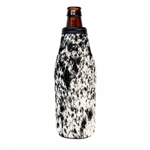Black and white speckled cowhide beer bottle holder for a standard 12 oz long-neck bottle