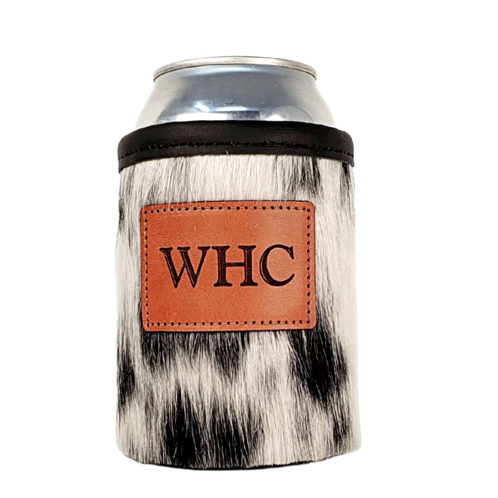 Black and white speckled cowhide can holder personalized with the initials WHC